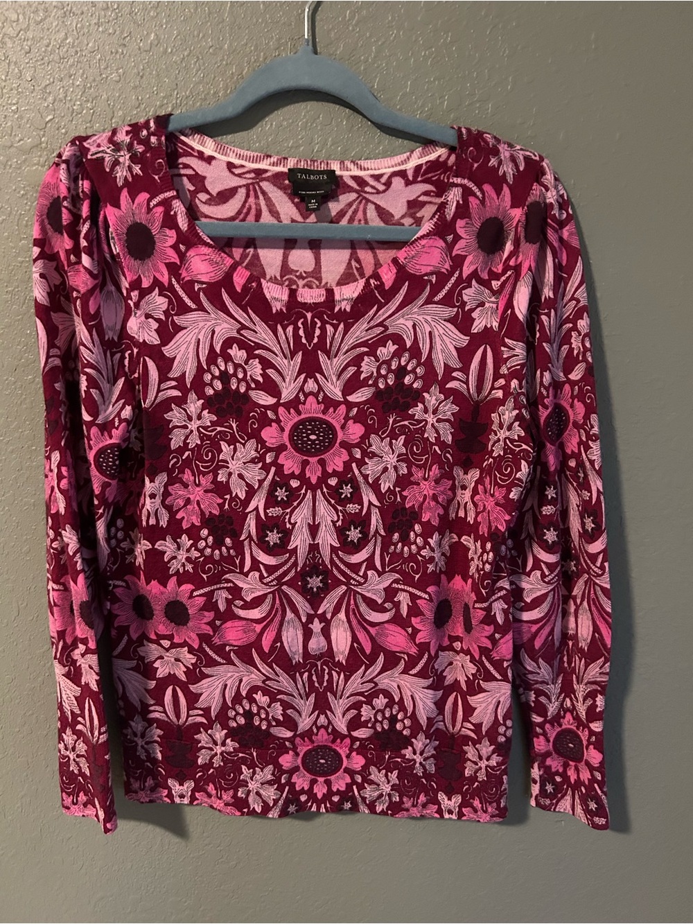 Talbots pink and burgundy floral merino wool sweater , size M #floral #merino